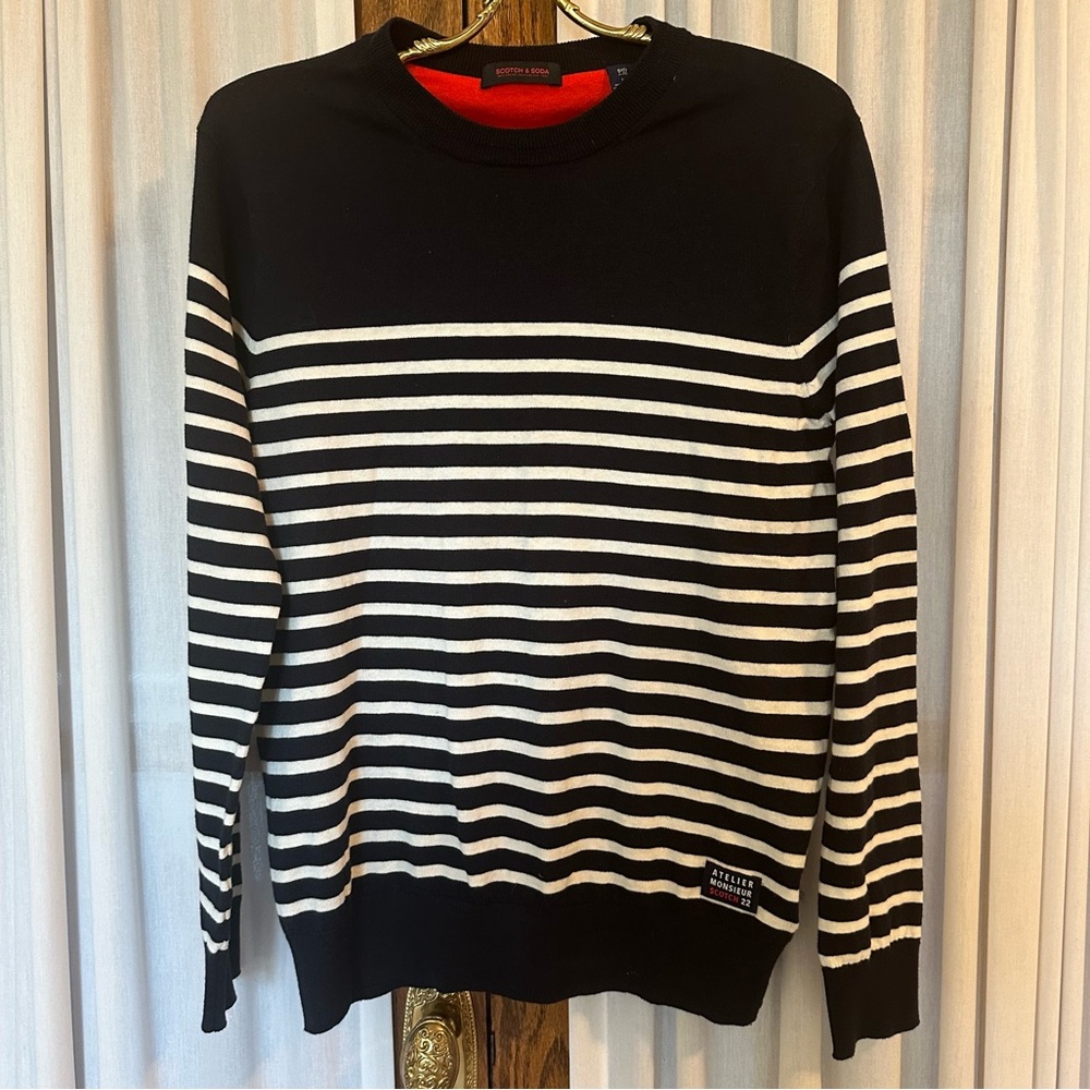 Scotch & Soda Lightweight Cotton Wool Navy Blue Striped Crewneck Sweater